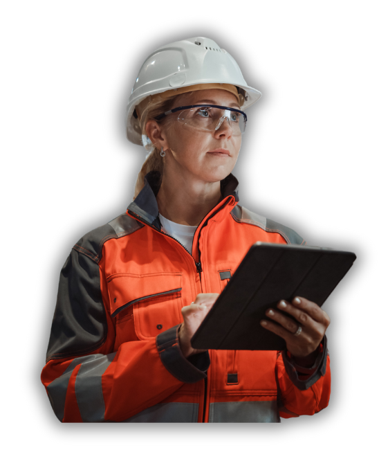 A female manufacturing employee using a tablet. 